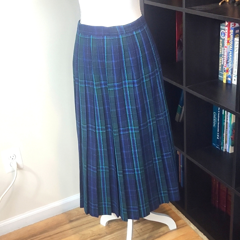 Vtg 90s TALBOTS Blue Green Wool Blend Pleated Shin Length Skirt